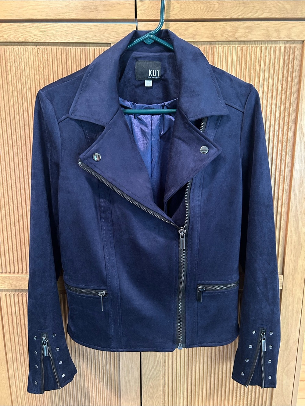 KUT deep blue faux suede asymmetrical blazer